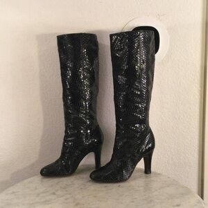 The Fry Co “AVA” Black Snakeskin Knee-High Boots